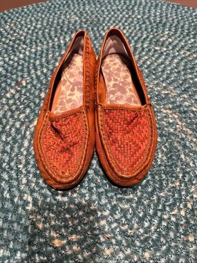 Joie Women's Woven Leather Slip-On Loafer Moccasins- Brown with Pink Accent